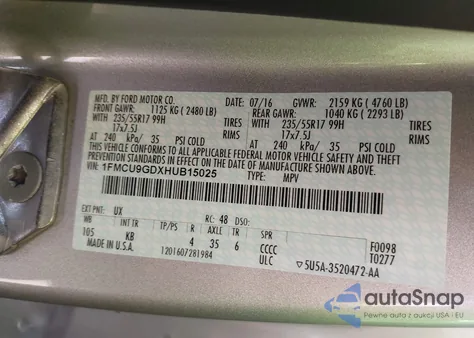 2017 Ford Escape Se from USA, damaged, VIN 1FMCU9GDXHUB15025